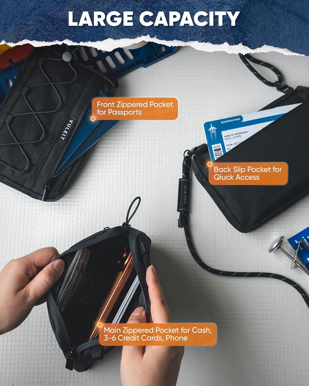 image:imageVULKIT Neck Wallet for Travel Nylon Passport Holder RFID Blocking with Adjustable Lanyard GreenBlack