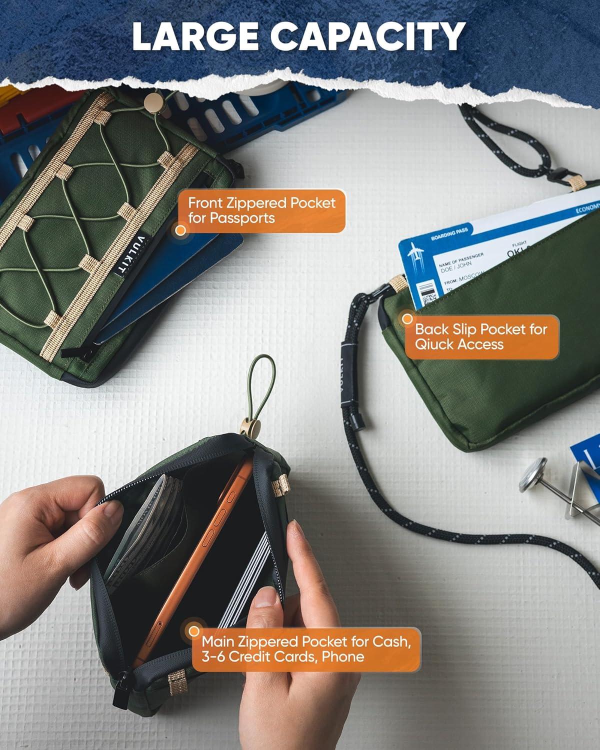 image:imageVULKIT Neck Wallet for Travel Nylon Passport Holder RFID Blocking with Adjustable Lanyard GreenGreen