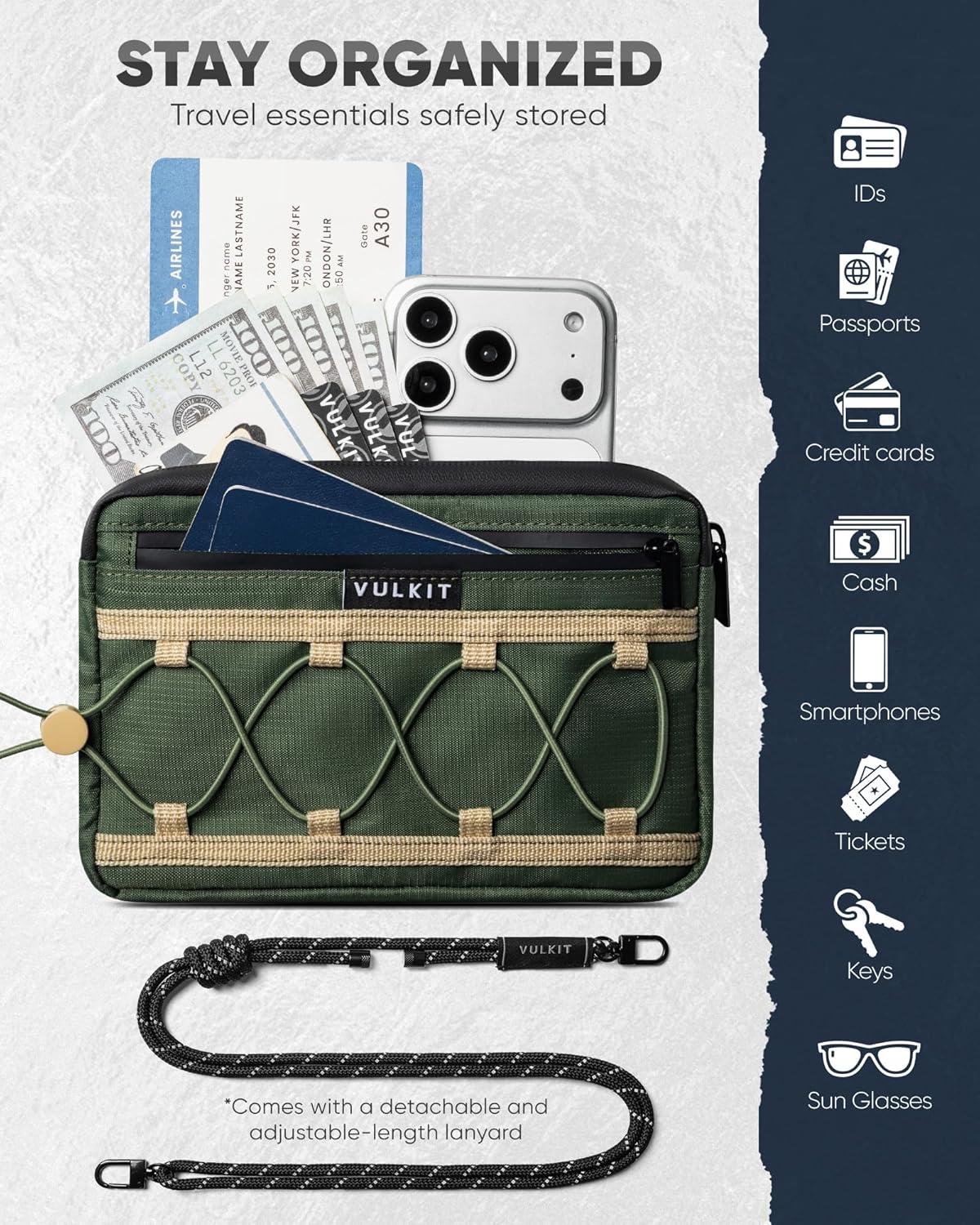 image:imageVULKIT Neck Wallet for Travel Nylon Passport Holder RFID Blocking with Adjustable Lanyard GreenGreen