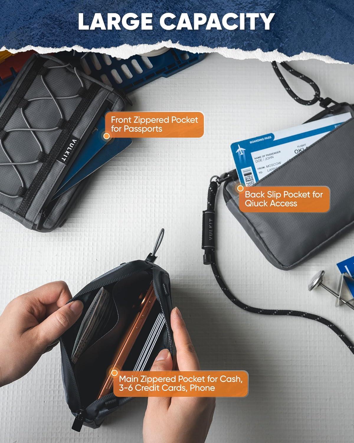 image:imageVULKIT Neck Wallet for Travel Nylon Passport Holder RFID Blocking with Adjustable Lanyard GreenGrey