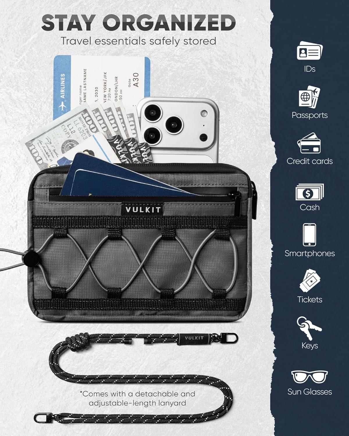 image:imageVULKIT Neck Wallet for Travel Nylon Passport Holder RFID Blocking with Adjustable Lanyard GreenGrey