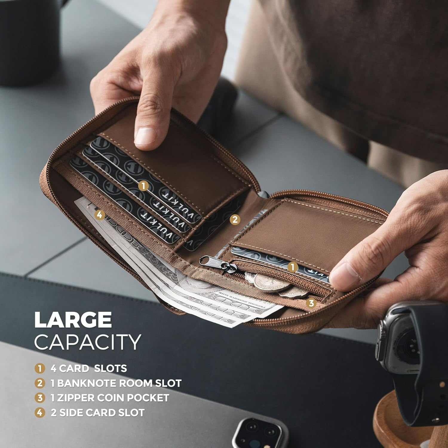 image:imageVULKIT Mens Lanyard Bifold Wallet Mens Credit Card Holder Waterproof Fabric RFID Blocking Wallet with Detachable Lanyard for Outdoor or Daily Traveling Navy BlueCoffee Brown