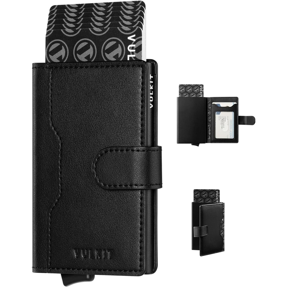 image:imageVULKIT Slim Bifold Pop up Wallet Minimalist Leather Card Holder RFID Blocking Metal Card Case with ID Window for Women with Leather SlotsBlack