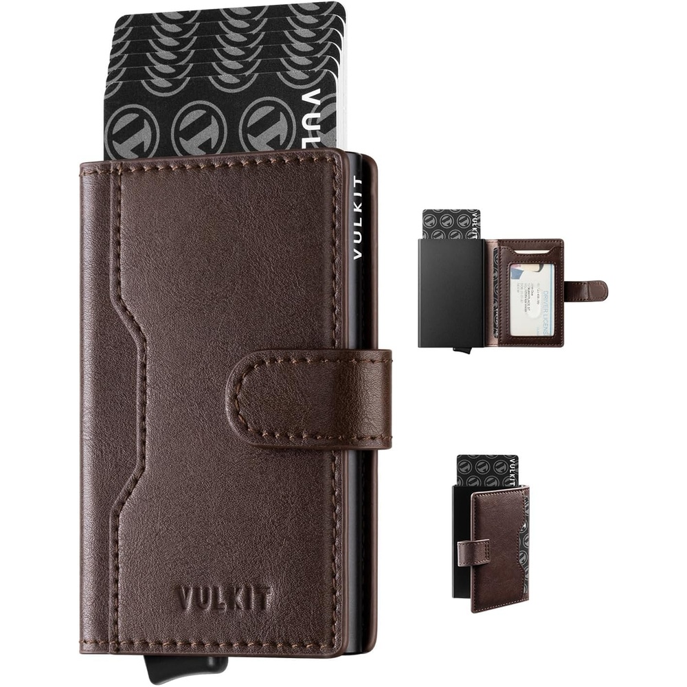 image:imageVULKIT Slim Bifold Pop up Wallet Minimalist Leather Card Holder RFID Blocking Metal Card Case with ID Window for Women with Leather SlotsDark Brown
