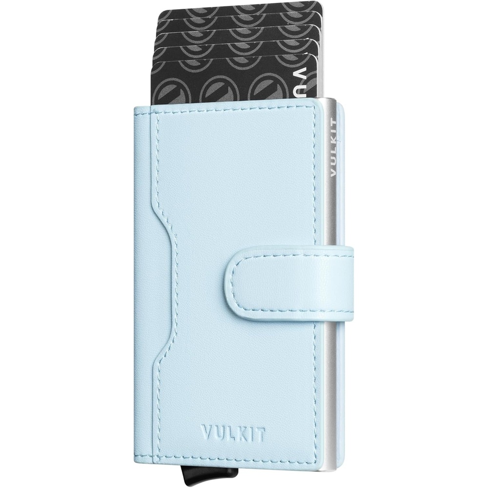 image:imageVULKIT Slim Bifold Pop up Wallet Minimalist Leather Card Holder RFID Blocking Metal Card Case with ID Window for Women with Leather SlotsLight Blue