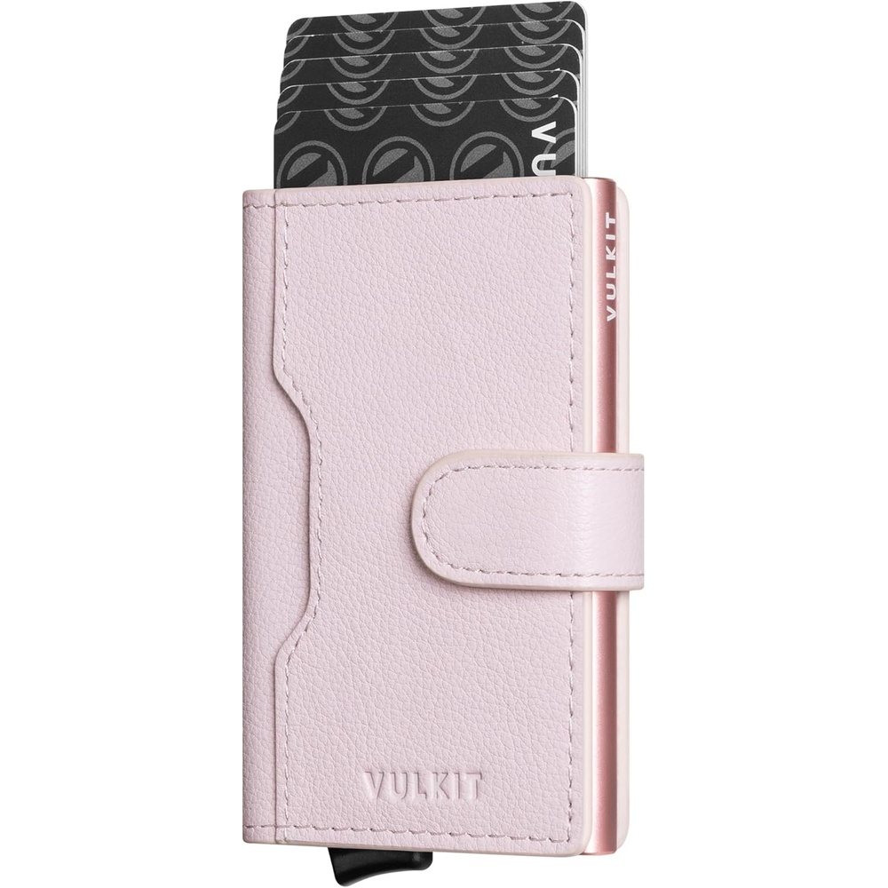 image:imageVULKIT Slim Bifold Pop up Wallet Minimalist Leather Card Holder RFID Blocking Metal Card Case with ID Window for Women with Leather SlotsTop Genuine Pink