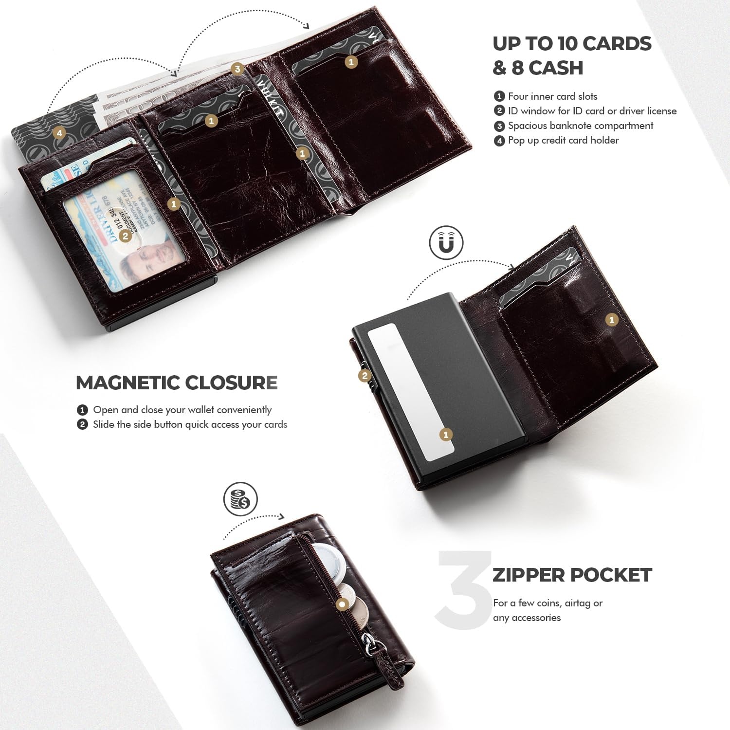 image:imageVULKIT Card Holder Wallet with Coin Pocket Magnetic Closure Pop Up Cards With ID Window Leather Wallet for Cash amp Credit Cards with Coin PocketClassic OilWaxed Style Reddish Brown