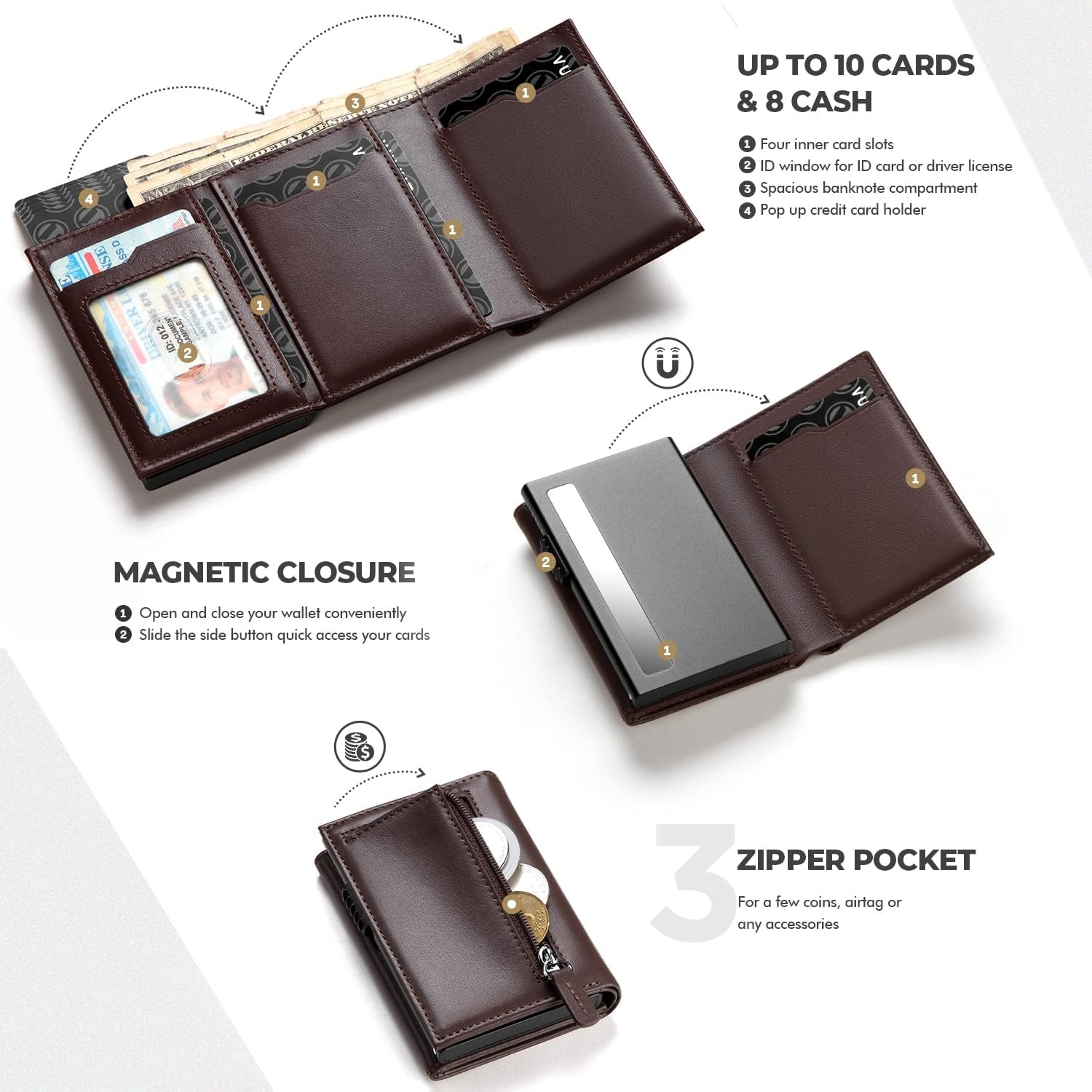 image:imageVULKIT Card Holder Wallet with Coin Pocket Magnetic Closure Pop Up Cards With ID Window Leather Wallet for Cash amp Credit Cards with Coin PocketTop Grain Cowhide Espresso