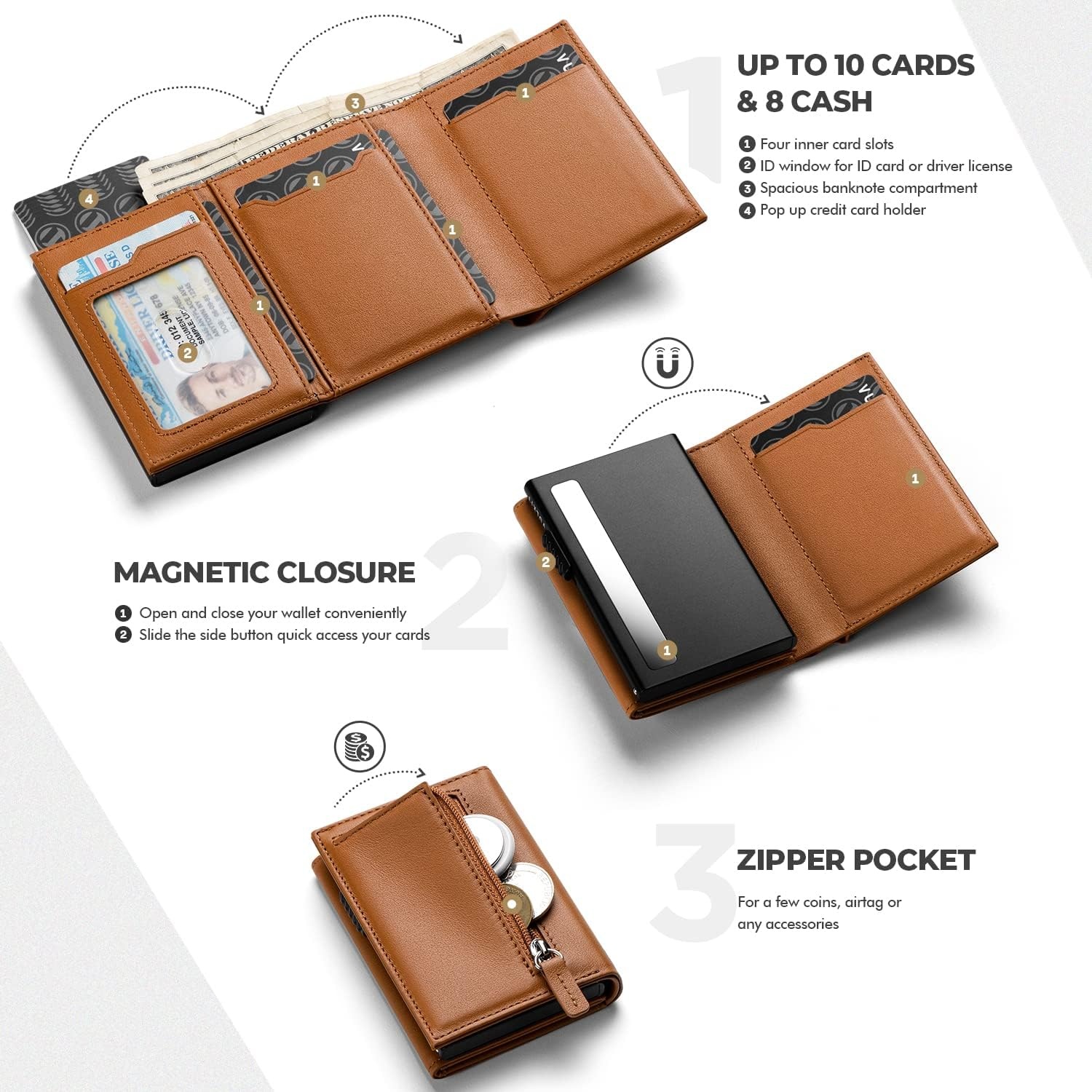 image:imageVULKIT Card Holder Wallet with Coin Pocket Magnetic Closure Pop Up Cards With ID Window Leather Wallet for Cash amp Credit Cards with Coin PocketTop Grain Cowhide Brown