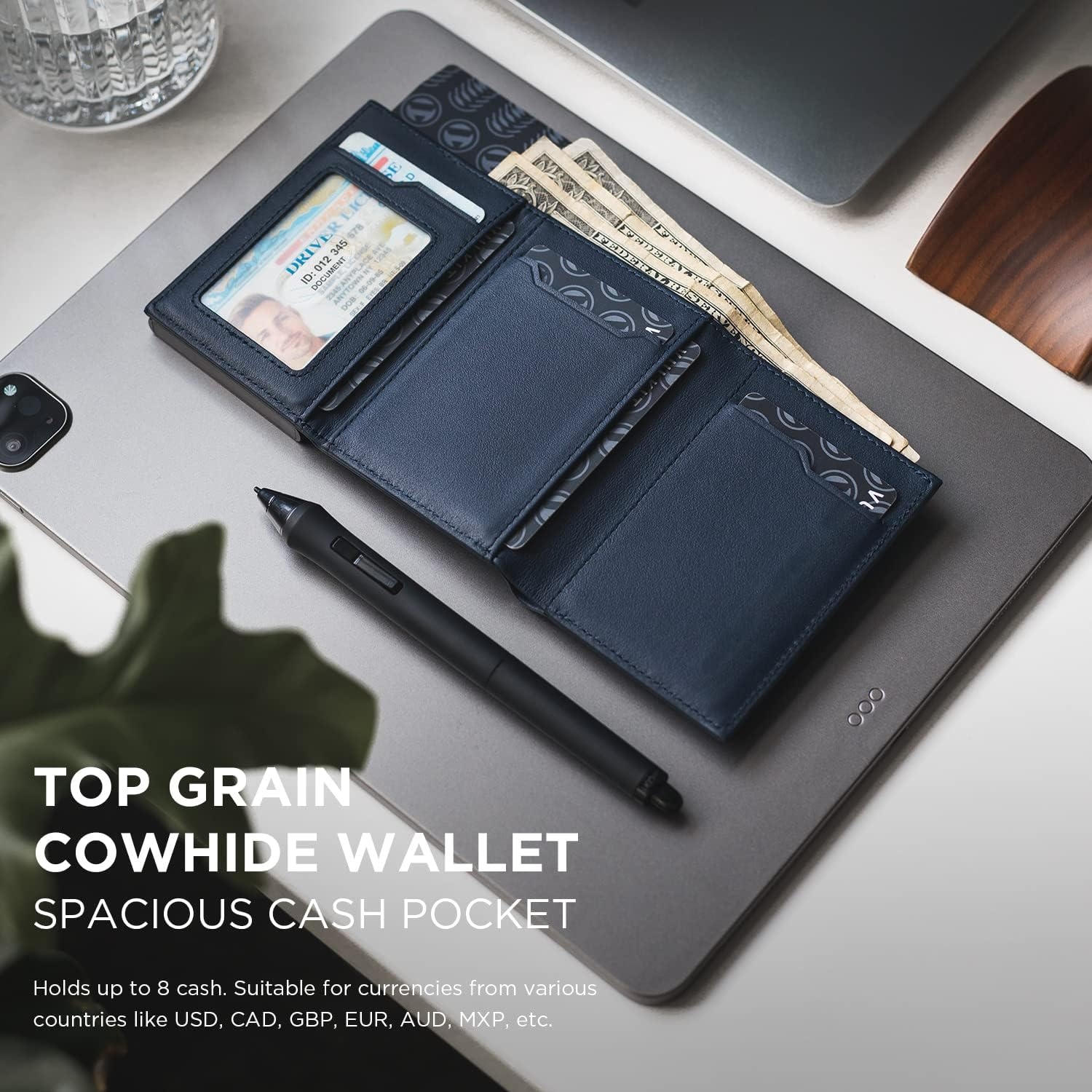 image:imageVULKIT Card Holder Wallet with Coin Pocket Magnetic Closure Pop Up Cards With ID Window Leather Wallet for Cash amp Credit Cards with Coin PocketTop Grain Cowhide Navy