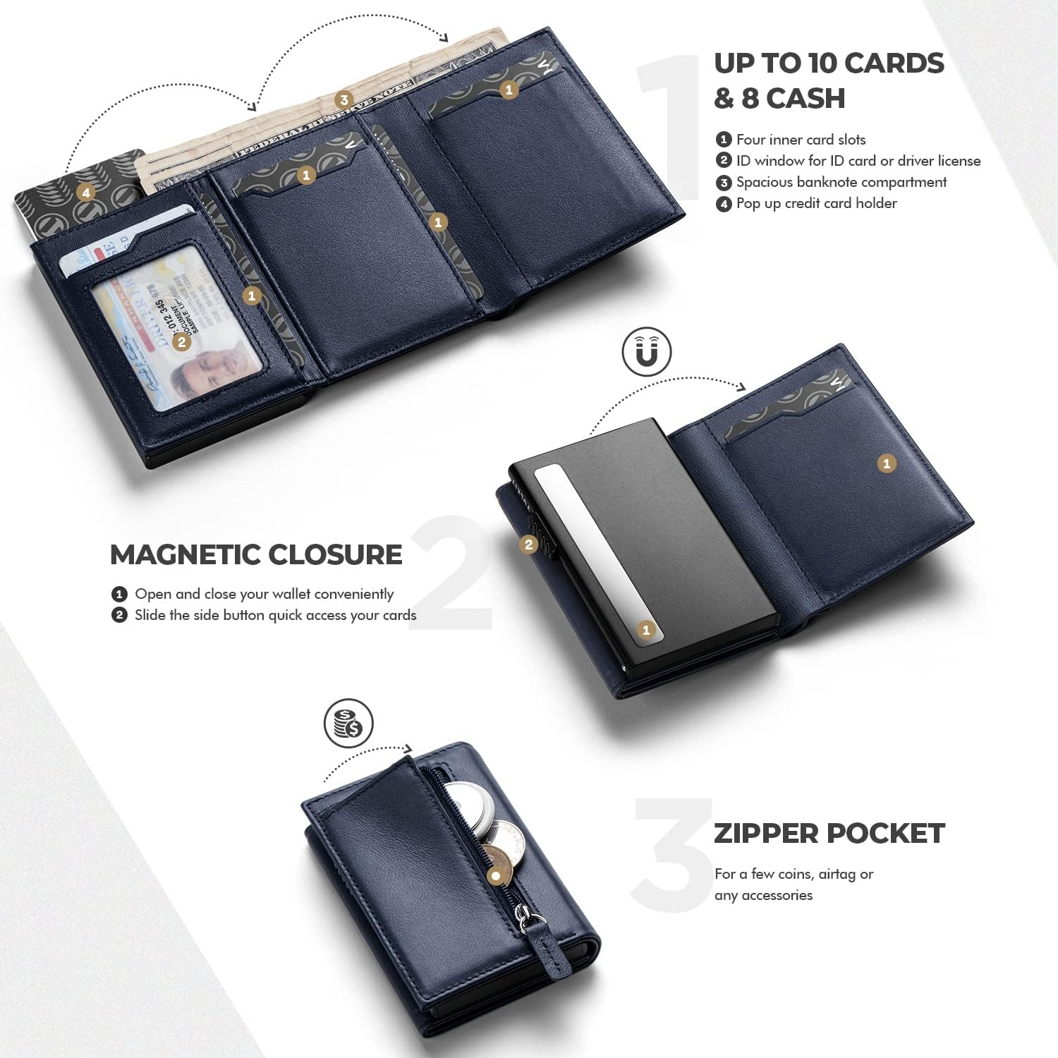 image:imageVULKIT Card Holder Wallet with Coin Pocket Magnetic Closure Pop Up Cards With ID Window Leather Wallet for Cash amp Credit Cards with Coin PocketTop Grain Cowhide Navy