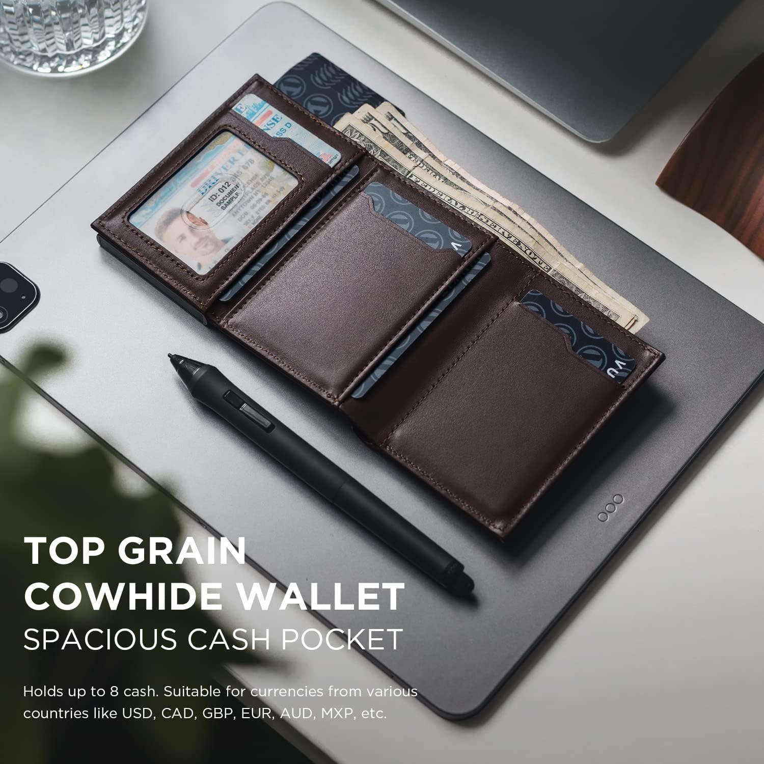 image:imageVULKIT Card Holder Wallet with Coin Pocket Magnetic Closure Pop Up Cards With ID Window Leather Wallet for Cash amp Credit Cards with Coin PocketTop Grain Cowhide Espresso