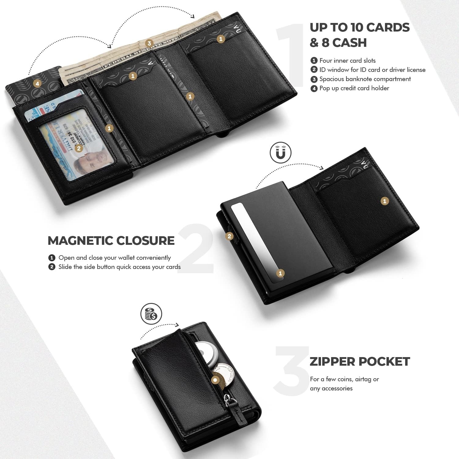 image:imageVULKIT Card Holder Wallet with Coin Pocket Magnetic Closure Pop Up Cards With ID Window Leather Wallet for Cash amp Credit Cards with Coin PocketTop Grain Cowhide Black