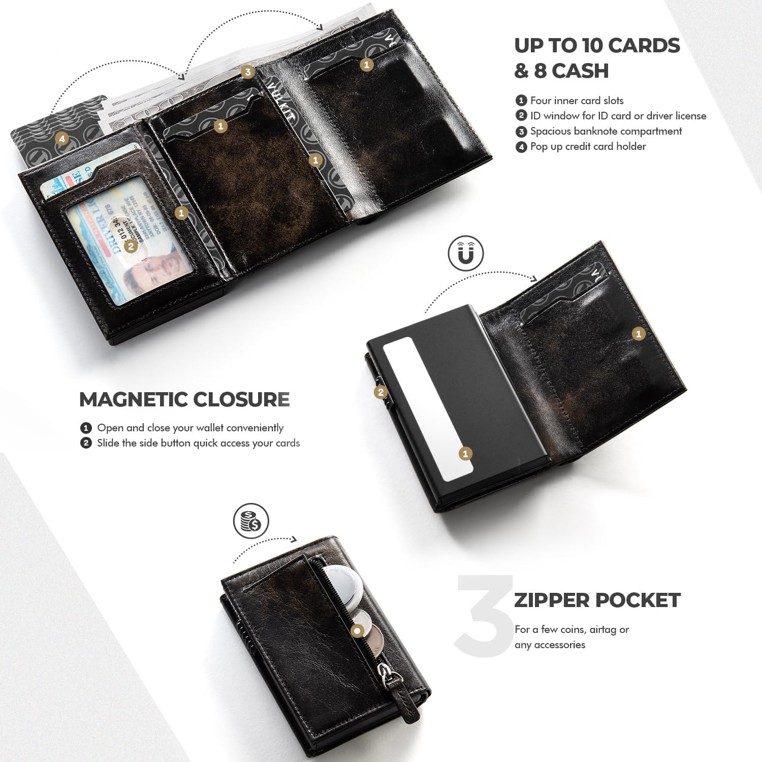 image:imageVULKIT Card Holder Wallet with Coin Pocket Magnetic Closure Pop Up Cards With ID Window Leather Wallet for Cash amp Credit Cards with Coin PocketVintage Style Mixed Espresso Golden