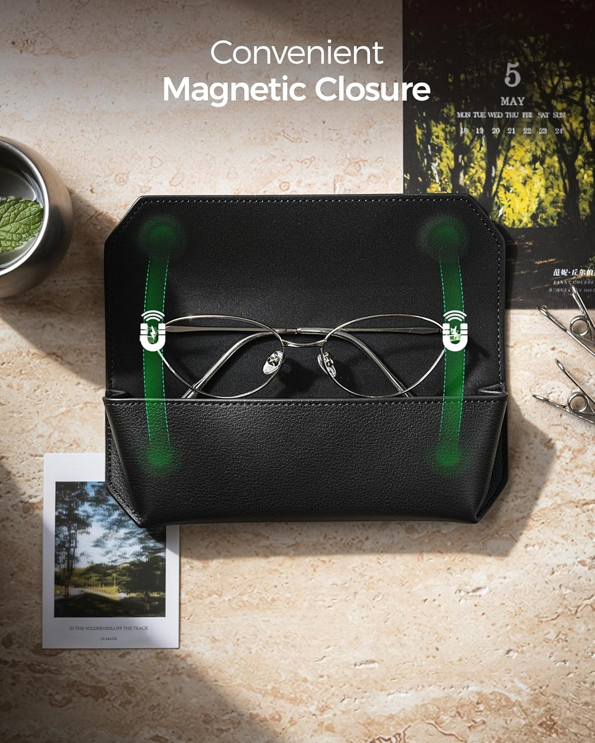 image:imageVULKIT Genuine Leather Glasses Case Magnetic Closure Sunglasses Case Eye Glasses Cases for Men amp Women Spectacle CasesClassic Black