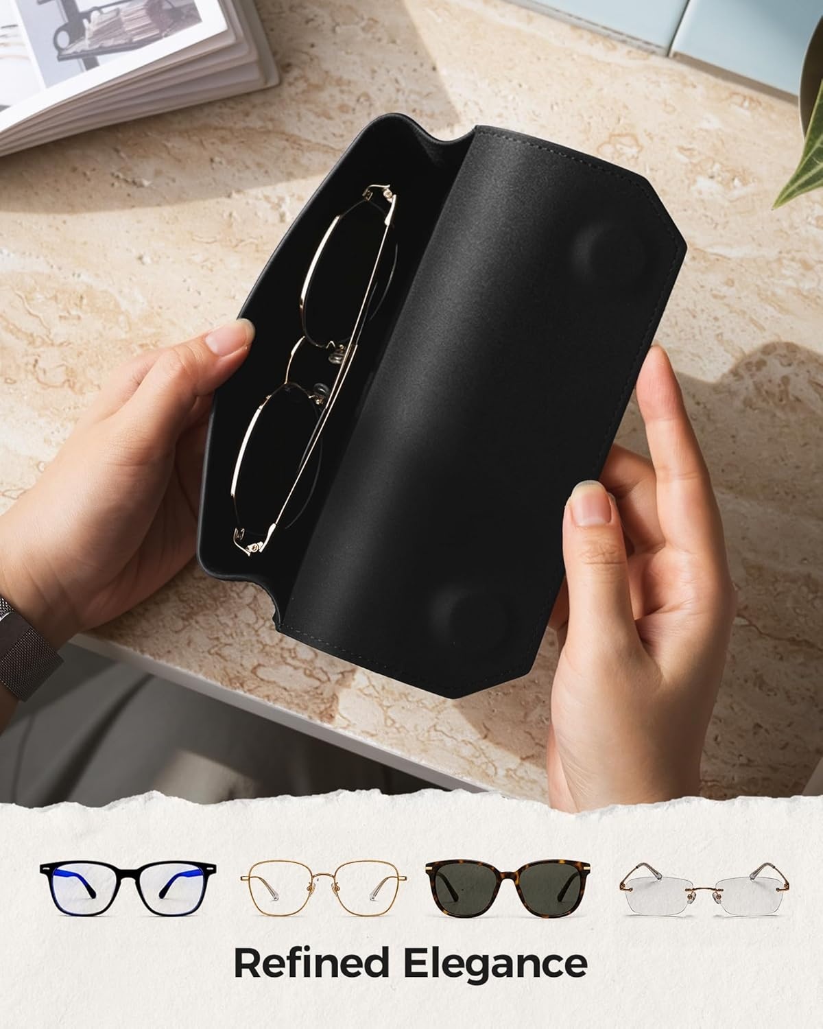 image:imageVULKIT Genuine Leather Glasses Case Magnetic Closure Sunglasses Case Eye Glasses Cases for Men amp Women Spectacle CasesClassic Black