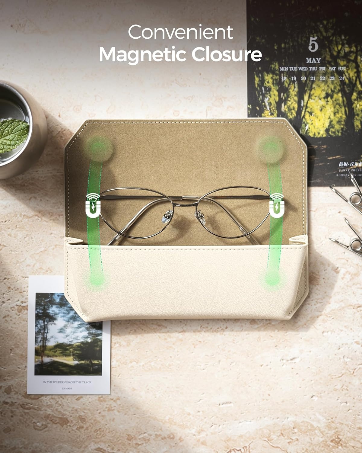 image:imageVULKIT Genuine Leather Glasses Case Magnetic Closure Sunglasses Case Eye Glasses Cases for Men amp Women Spectacle CasesIvory Beige