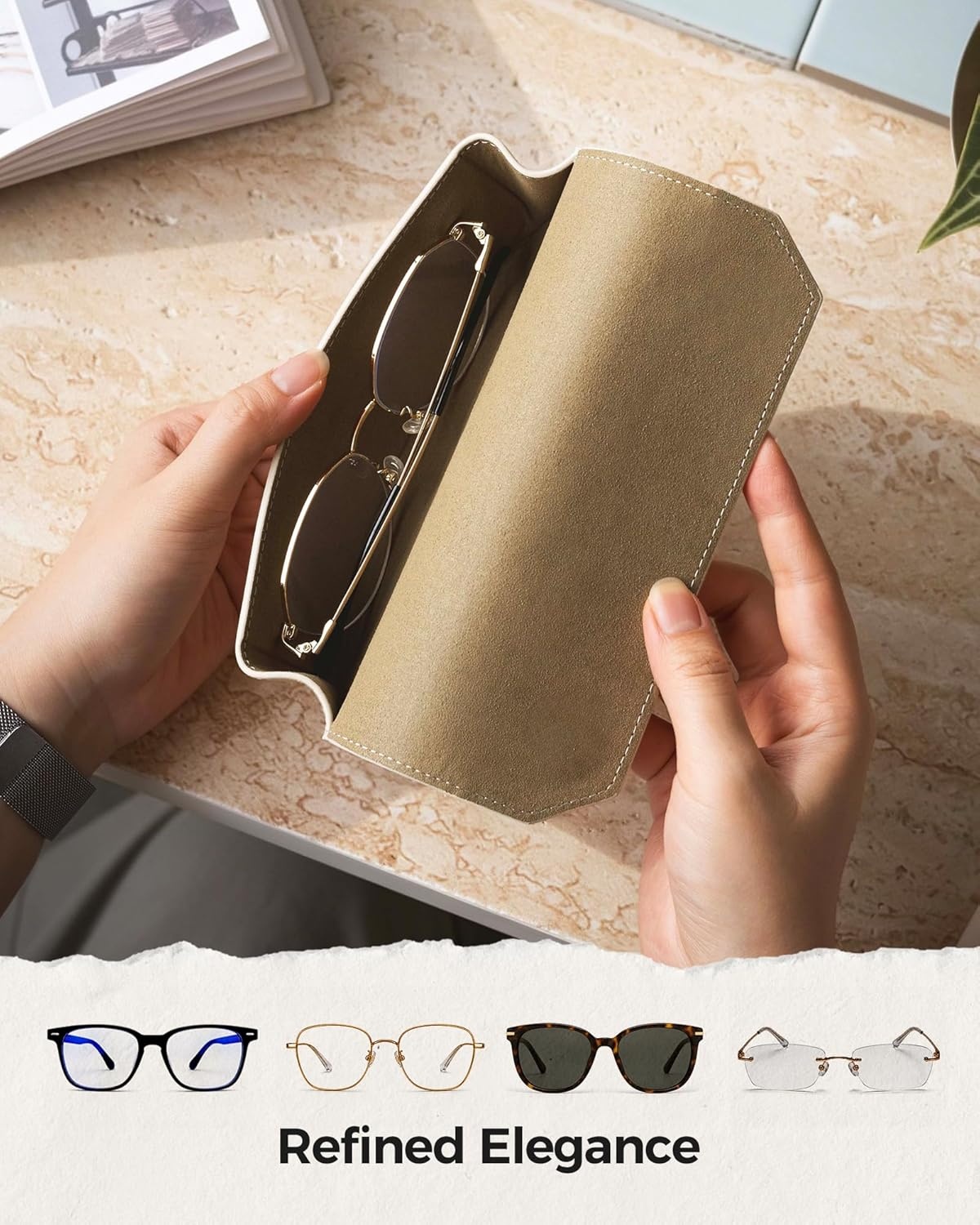 image:imageVULKIT Genuine Leather Glasses Case Magnetic Closure Sunglasses Case Eye Glasses Cases for Men amp Women Spectacle CasesIvory Beige