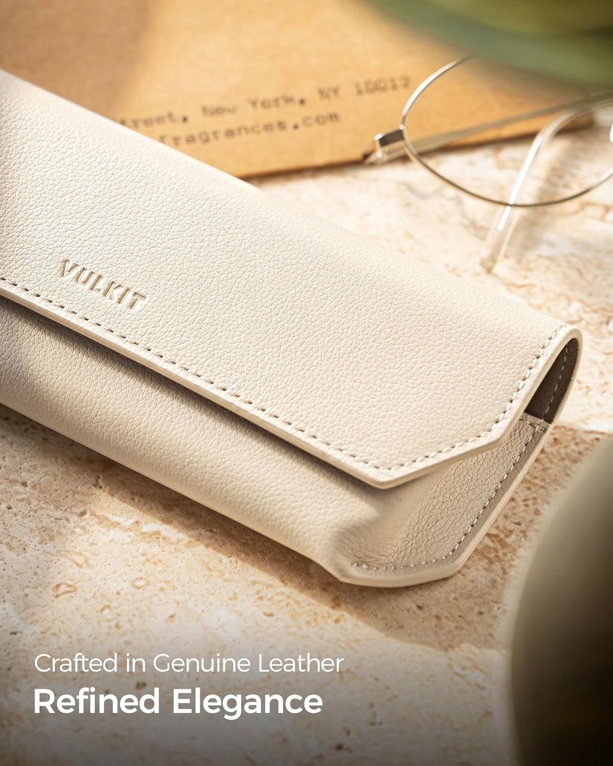 image:imageVULKIT Genuine Leather Glasses Case Magnetic Closure Sunglasses Case Eye Glasses Cases for Men amp Women Spectacle CasesIvory Beige