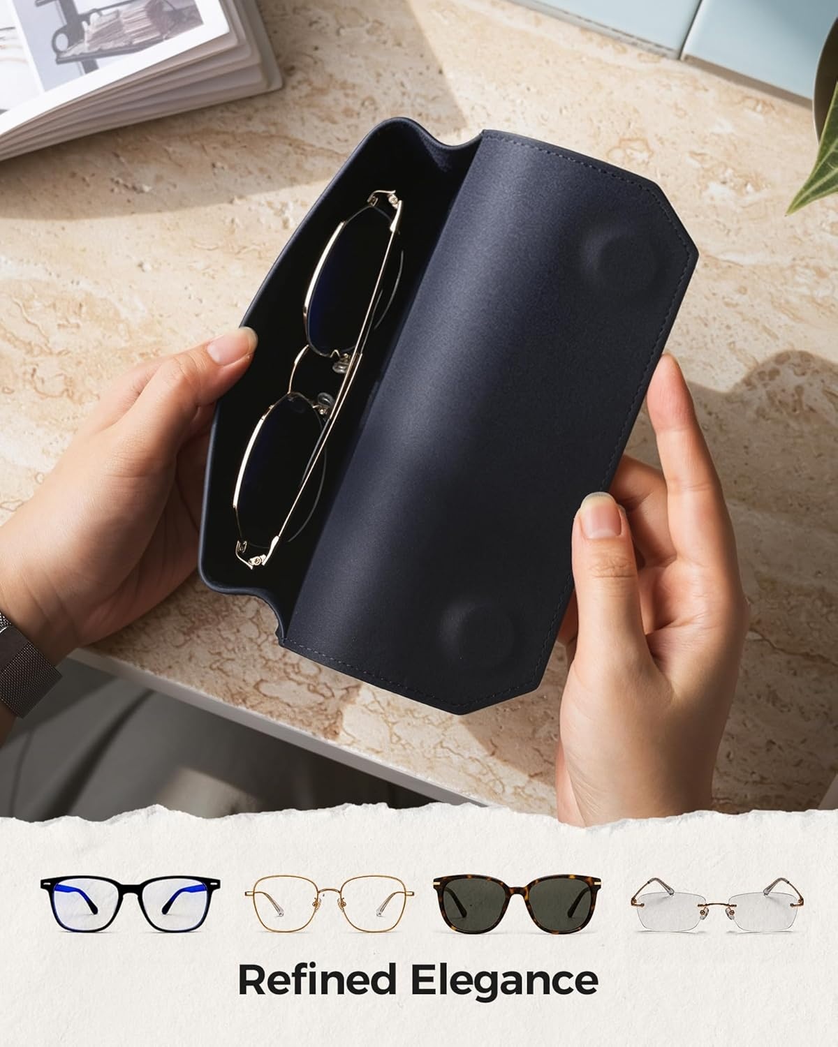image:imageVULKIT Genuine Leather Glasses Case Magnetic Closure Sunglasses Case Eye Glasses Cases for Men amp Women Spectacle CasesMidnight Navy