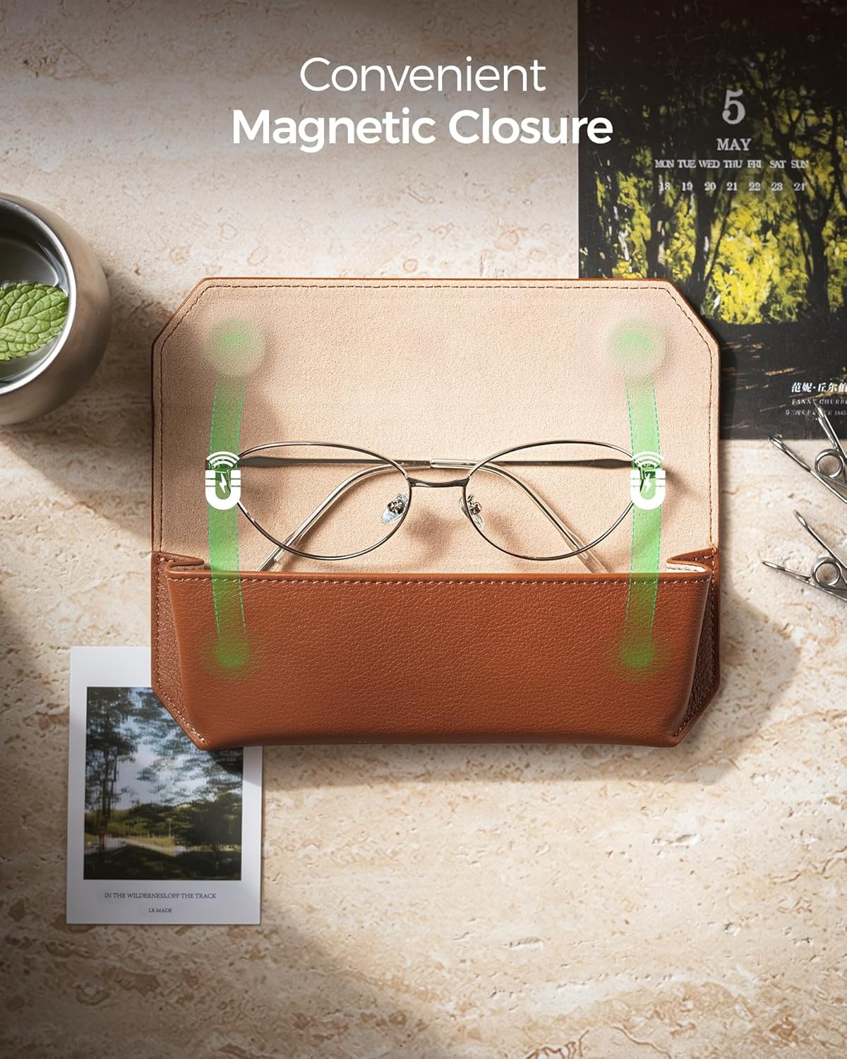 image:imageVULKIT Genuine Leather Glasses Case Magnetic Closure Sunglasses Case Eye Glasses Cases for Men amp Women Spectacle CasesSaddle Brown