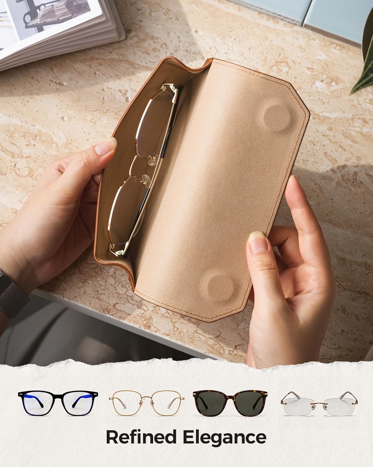 image:imageVULKIT Genuine Leather Glasses Case Magnetic Closure Sunglasses Case Eye Glasses Cases for Men amp Women Spectacle CasesSaddle Brown