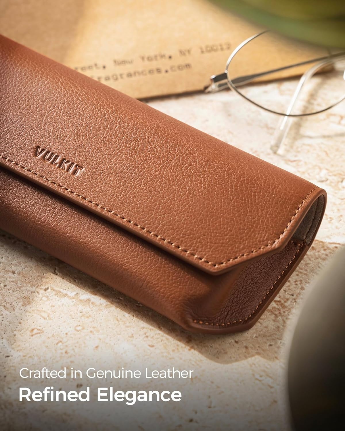 image:imageVULKIT Genuine Leather Glasses Case Magnetic Closure Sunglasses Case Eye Glasses Cases for Men amp Women Spectacle CasesSaddle Brown