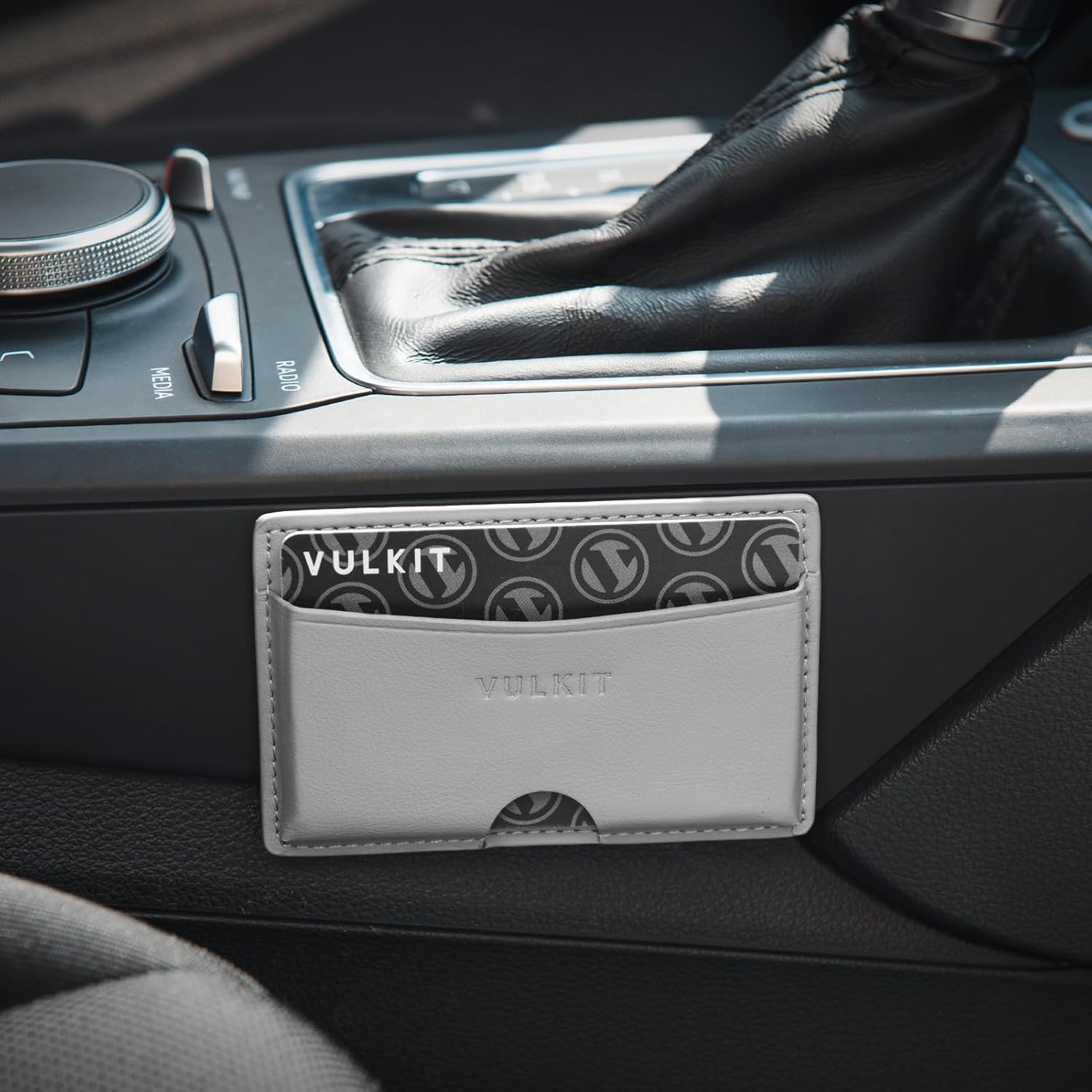 image:imageVULKIT Minimalist Leather Car Card Holder Carry 5 Cards from Drivers License Fuel to Loyalty amp Parking Cards with Adhesive Back for Door Window Console Nappa OrangeNappa Grey