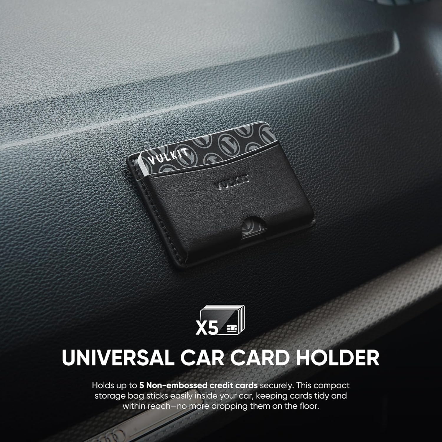 image:imageVULKIT Minimalist Leather Car Card Holder Carry 5 Cards from Drivers License Fuel to Loyalty amp Parking Cards with Adhesive Back for Door Window Console Nappa OrangeNappa Black
