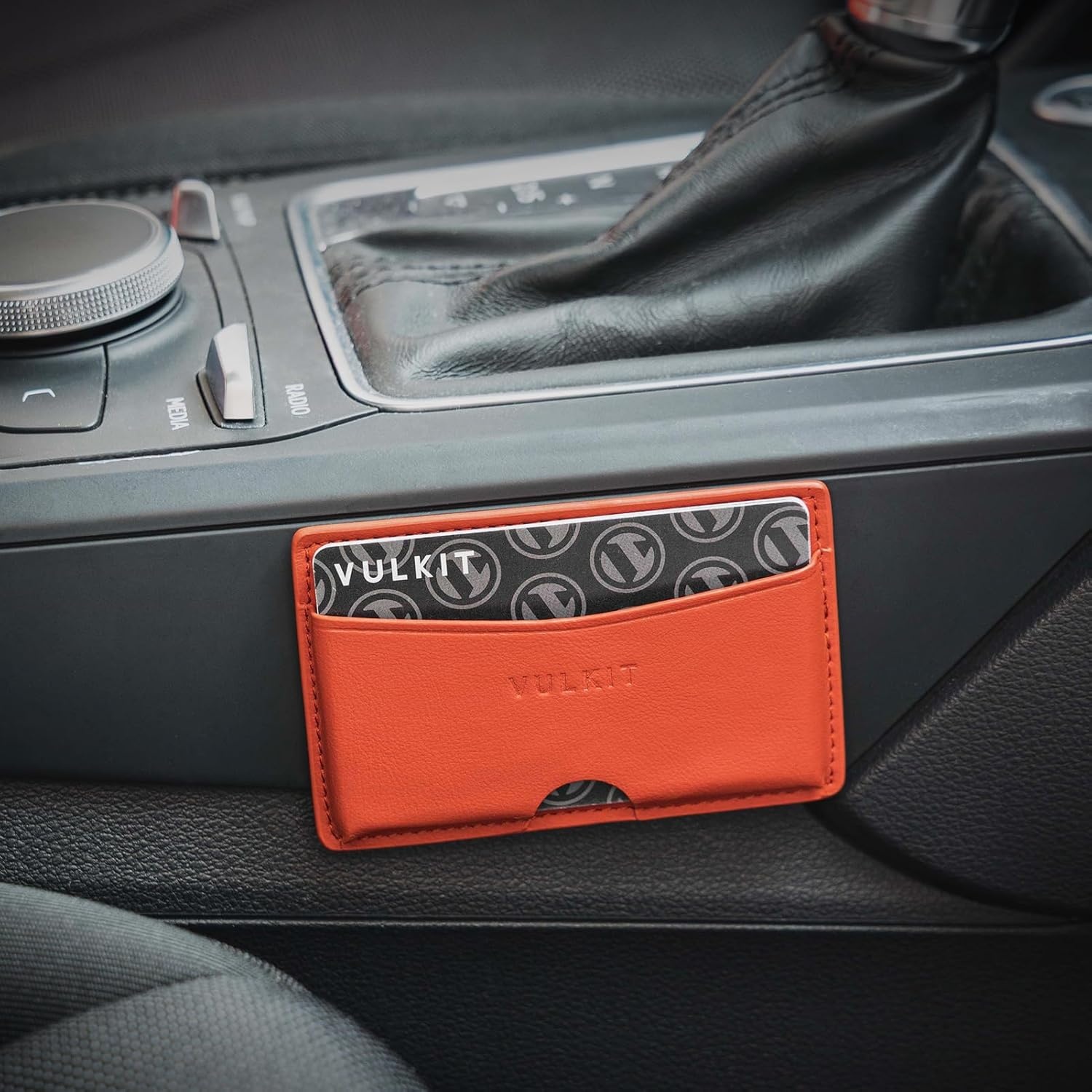 image:imageVULKIT Minimalist Leather Car Card Holder Carry 5 Cards from Drivers License Fuel to Loyalty amp Parking Cards with Adhesive Back for Door Window Console Nappa OrangeNappa Orange