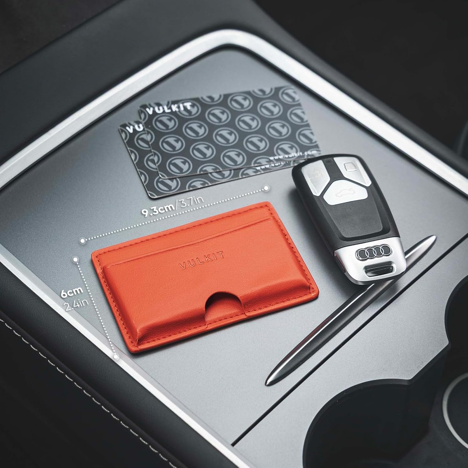 image:imageVULKIT Minimalist Leather Car Card Holder Carry 5 Cards from Drivers License Fuel to Loyalty amp Parking Cards with Adhesive Back for Door Window Console Nappa OrangeNappa Orange