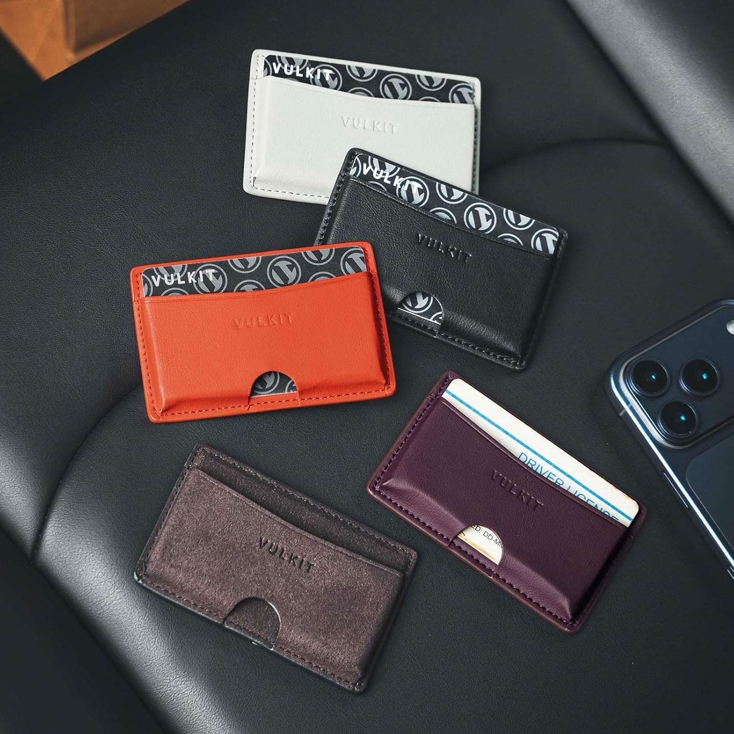 image:imageVULKIT Minimalist Leather Car Card Holder Carry 5 Cards from Drivers License Fuel to Loyalty amp Parking Cards with Adhesive Back for Door Window Console Nappa OrangeNappa Grey