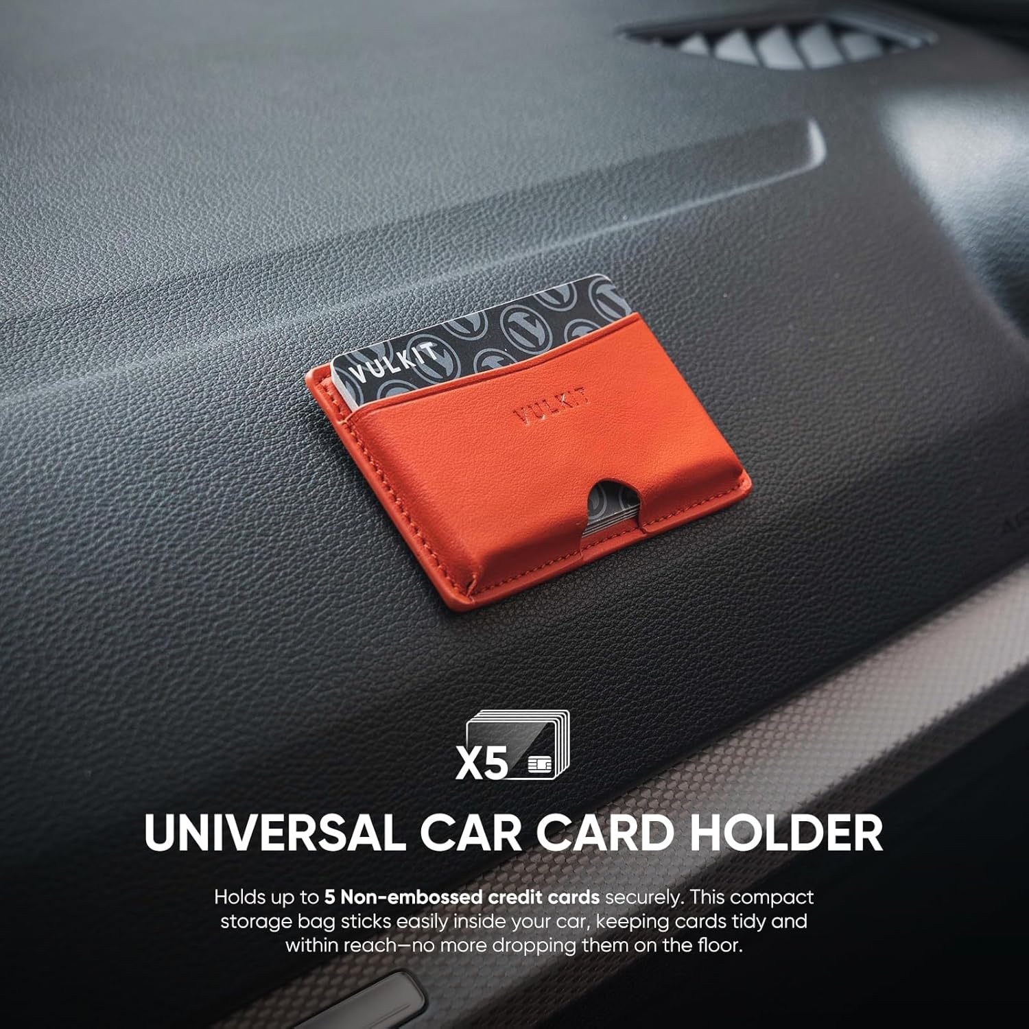image:imageVULKIT Minimalist Leather Car Card Holder Carry 5 Cards from Drivers License Fuel to Loyalty amp Parking Cards with Adhesive Back for Door Window Console Nappa OrangeNappa Orange