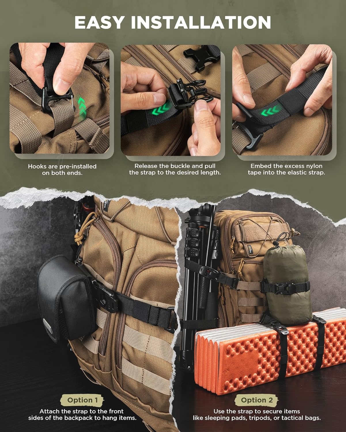image:imageVULKIT Tactical Backpack Adjustable Straps Molle Accessories Fastening Strap with Buckle Clips Outdoor Compression Bundling Luggage StrapsBlack