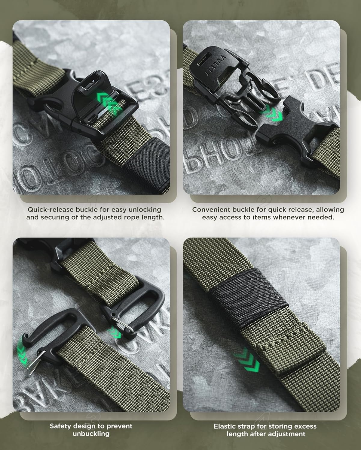 image:imageVULKIT Tactical Backpack Adjustable Straps Molle Accessories Fastening Strap with Buckle Clips Outdoor Compression Bundling Luggage StrapsGreen
