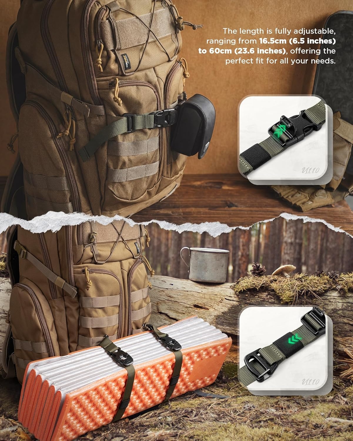 image:imageVULKIT Tactical Backpack Adjustable Straps Molle Accessories Fastening Strap with Buckle Clips Outdoor Compression Bundling Luggage StrapsGreen