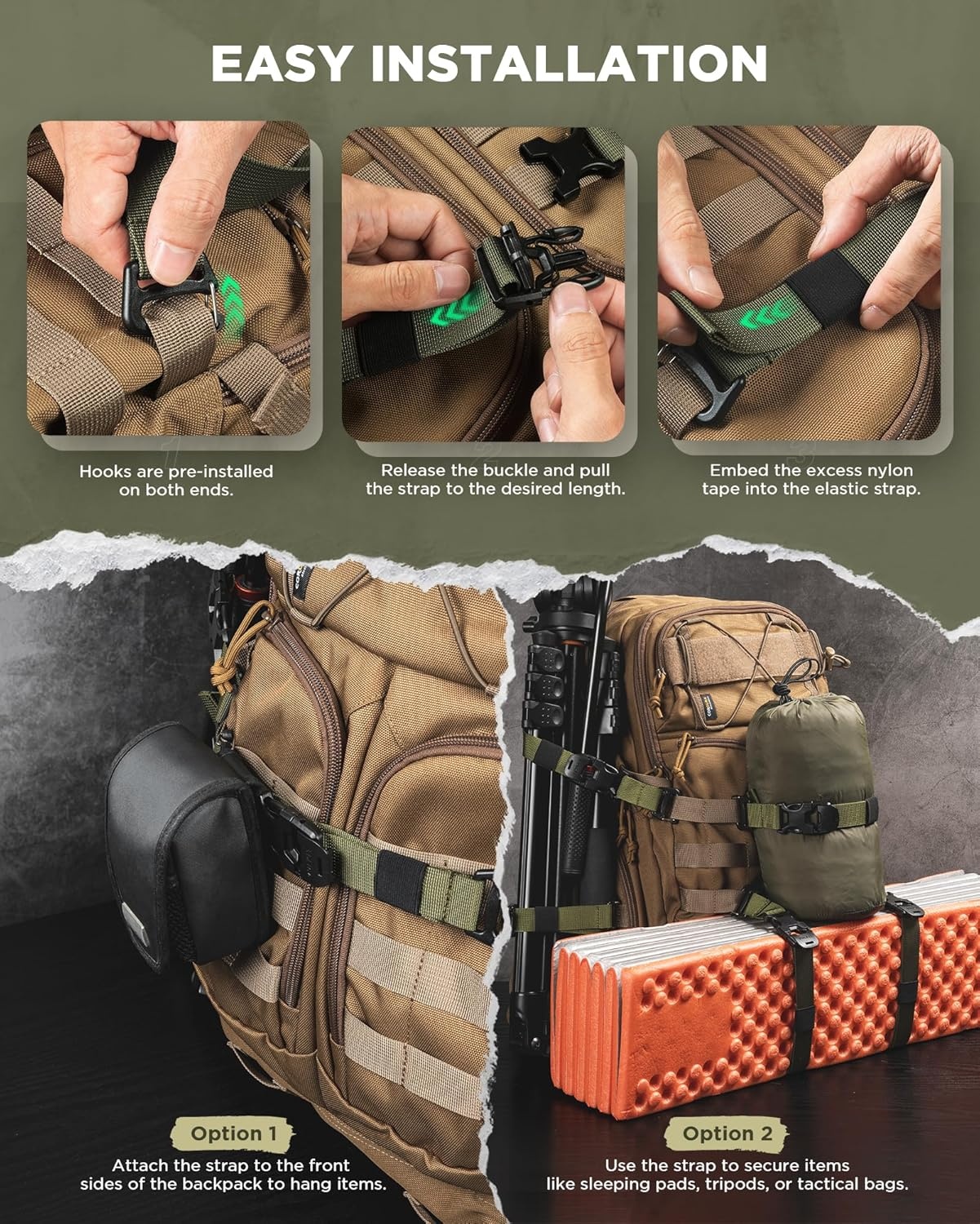 image:imageVULKIT Tactical Backpack Adjustable Straps Molle Accessories Fastening Strap with Buckle Clips Outdoor Compression Bundling Luggage StrapsGreen