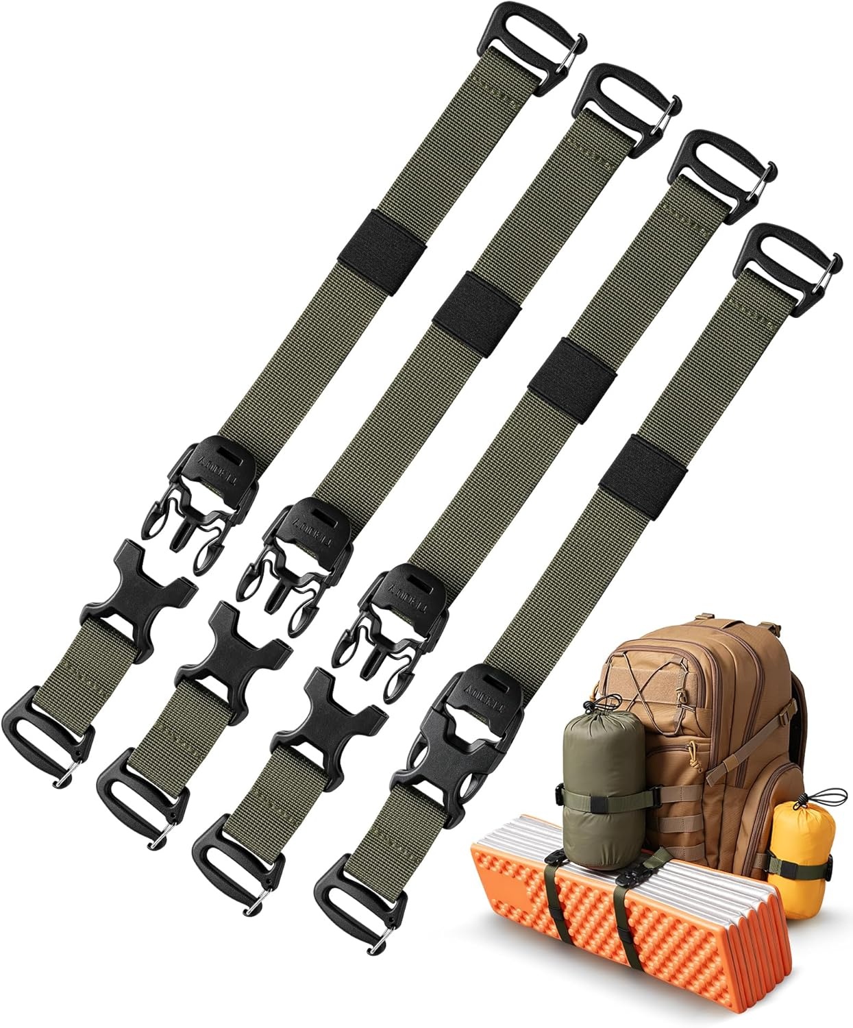 image:imageVULKIT Tactical Backpack Adjustable Straps Molle Accessories Fastening Strap with Buckle Clips Outdoor Compression Bundling Luggage StrapsGreen