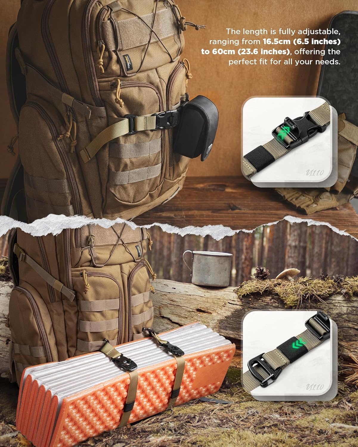 image:imageVULKIT Tactical Backpack Adjustable Straps Molle Accessories Fastening Strap with Buckle Clips Outdoor Compression Bundling Luggage StrapsKhaki