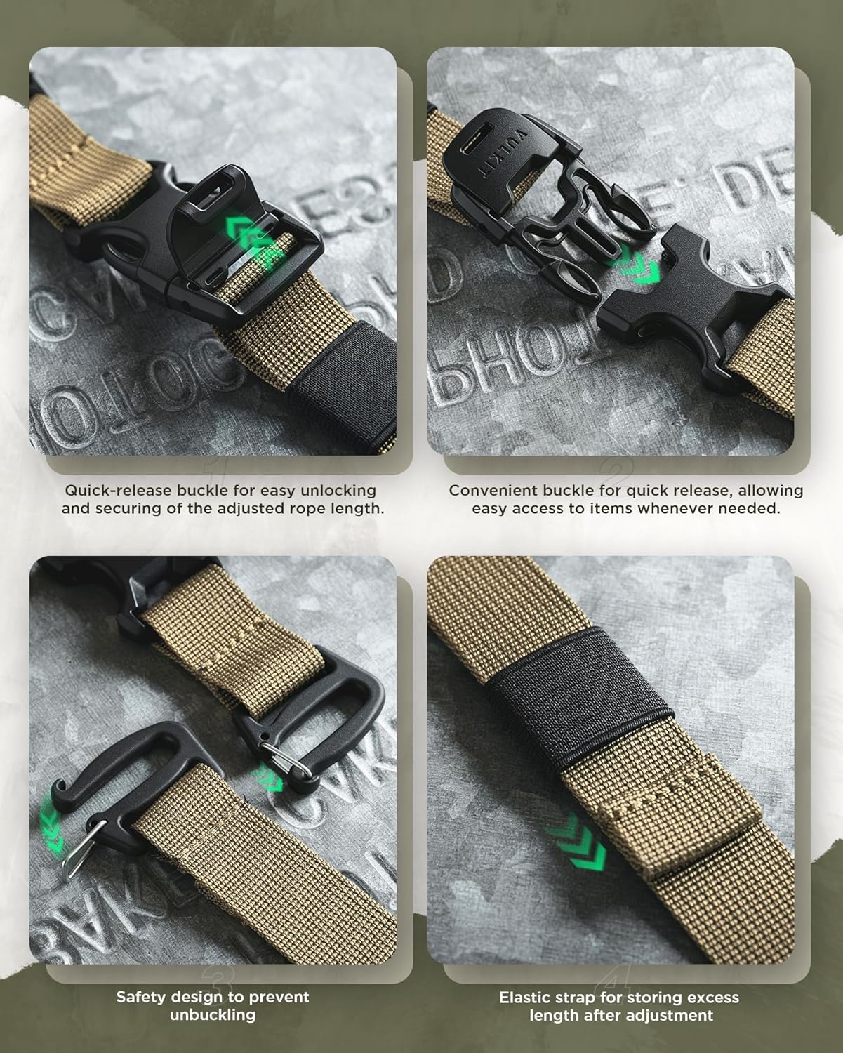 image:imageVULKIT Tactical Backpack Adjustable Straps Molle Accessories Fastening Strap with Buckle Clips Outdoor Compression Bundling Luggage StrapsKhaki