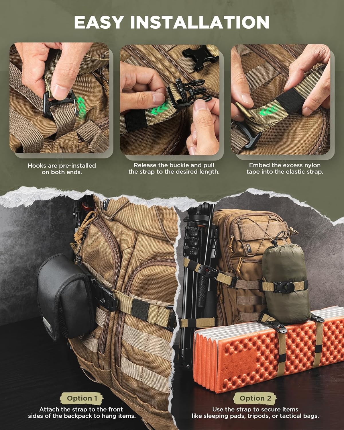image:imageVULKIT Tactical Backpack Adjustable Straps Molle Accessories Fastening Strap with Buckle Clips Outdoor Compression Bundling Luggage StrapsKhaki