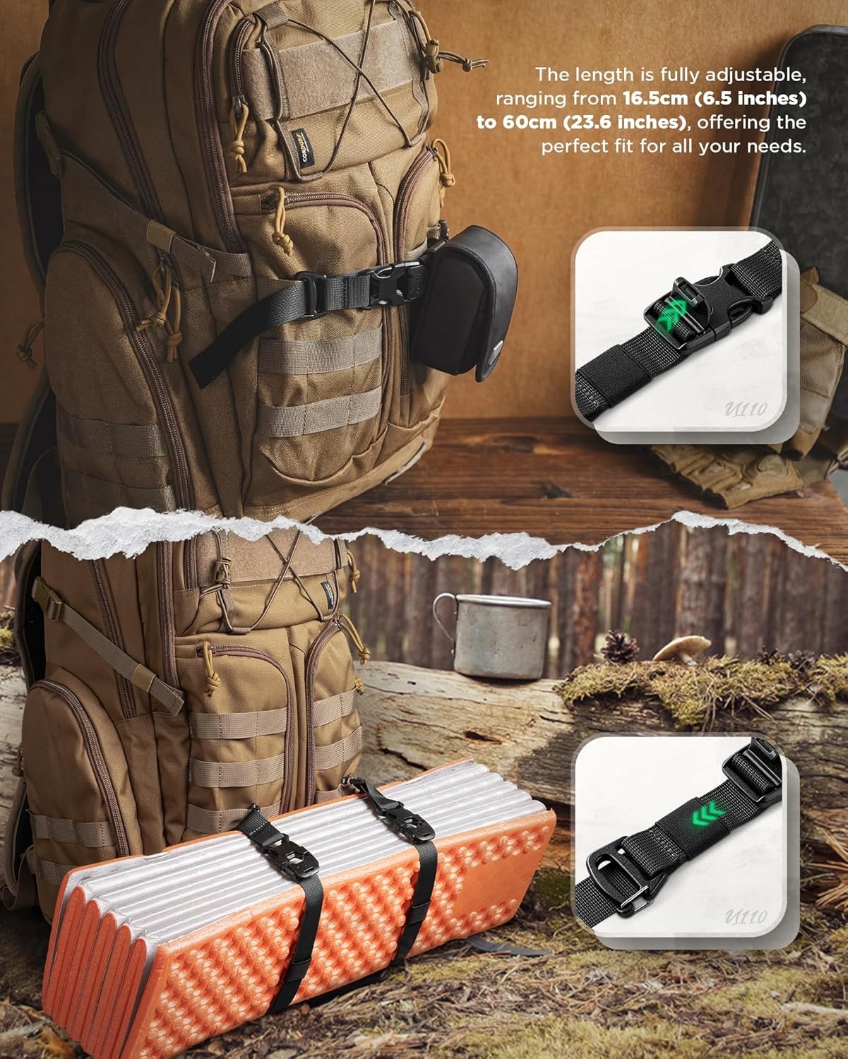 image:imageVULKIT Tactical Backpack Adjustable Straps Molle Accessories Fastening Strap with Buckle Clips Outdoor Compression Bundling Luggage StrapsKhaki