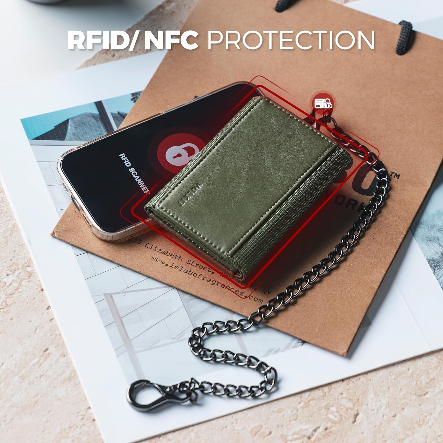 image:imageVULKIT Wallet for Men with Chain Anti Theft Wallet RFID Blocking Trifold Wallet Sleek DesignArmy Green