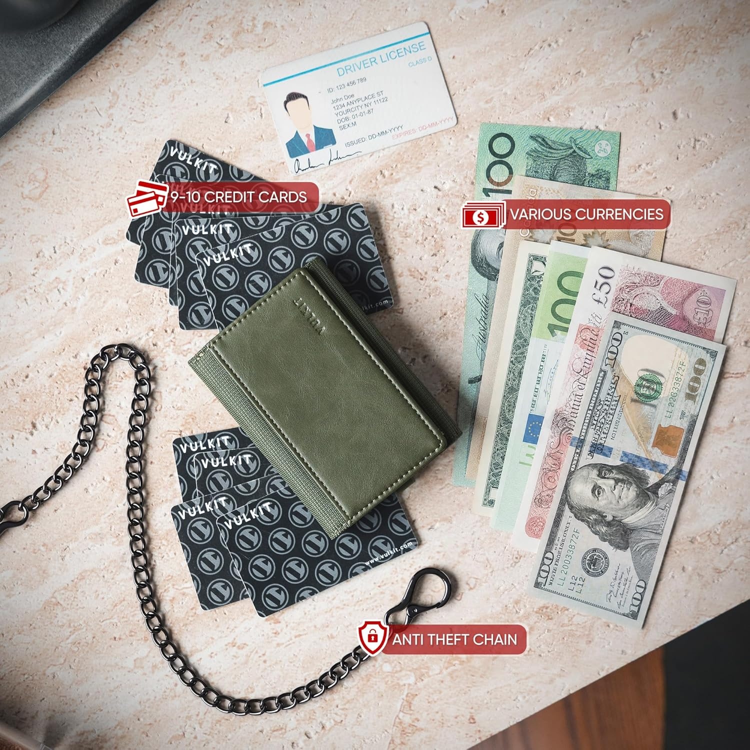 image:imageVULKIT Wallet for Men with Chain Anti Theft Wallet RFID Blocking Trifold Wallet Sleek DesignArmy Green