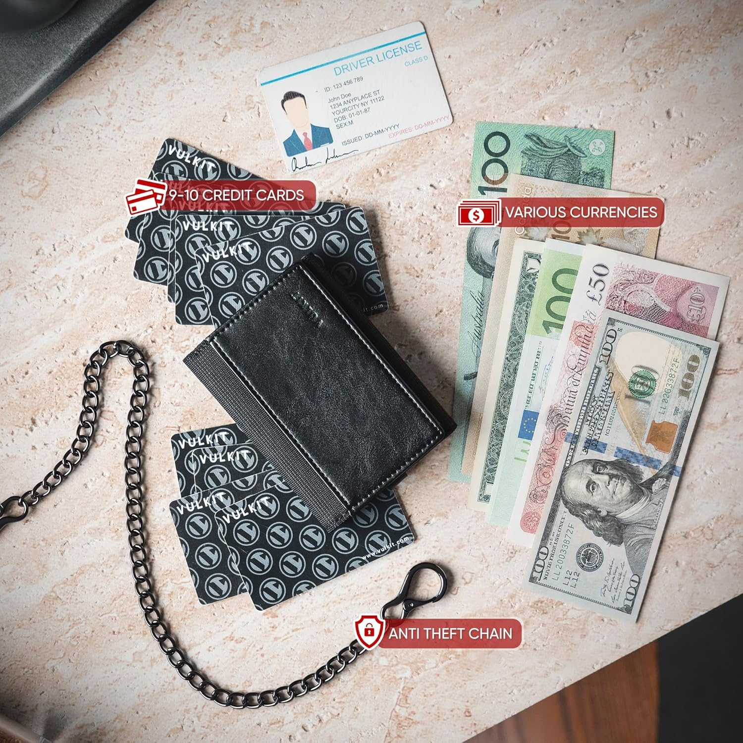 image:imageVULKIT Wallet for Men with Chain Anti Theft Wallet RFID Blocking Trifold Wallet Sleek DesignBlack