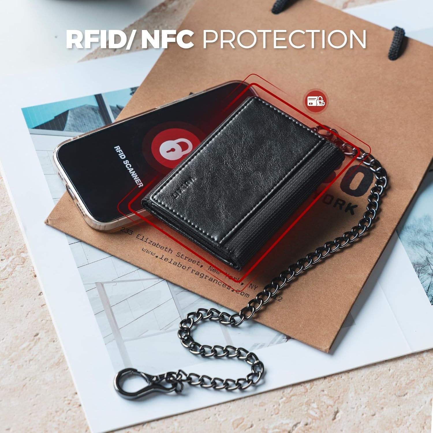 image:imageVULKIT Wallet for Men with Chain Anti Theft Wallet RFID Blocking Trifold Wallet Sleek DesignBlack