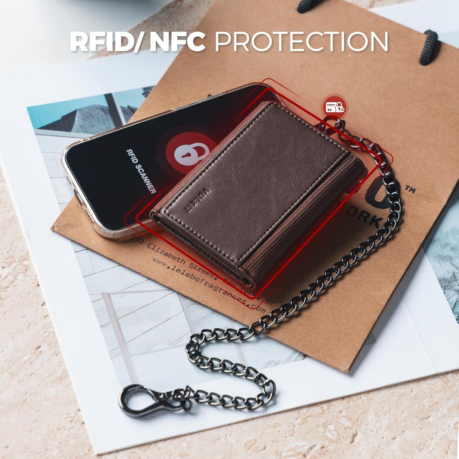 image:imageVULKIT Wallet for Men with Chain Anti Theft Wallet RFID Blocking Trifold Wallet Sleek DesignEspresso