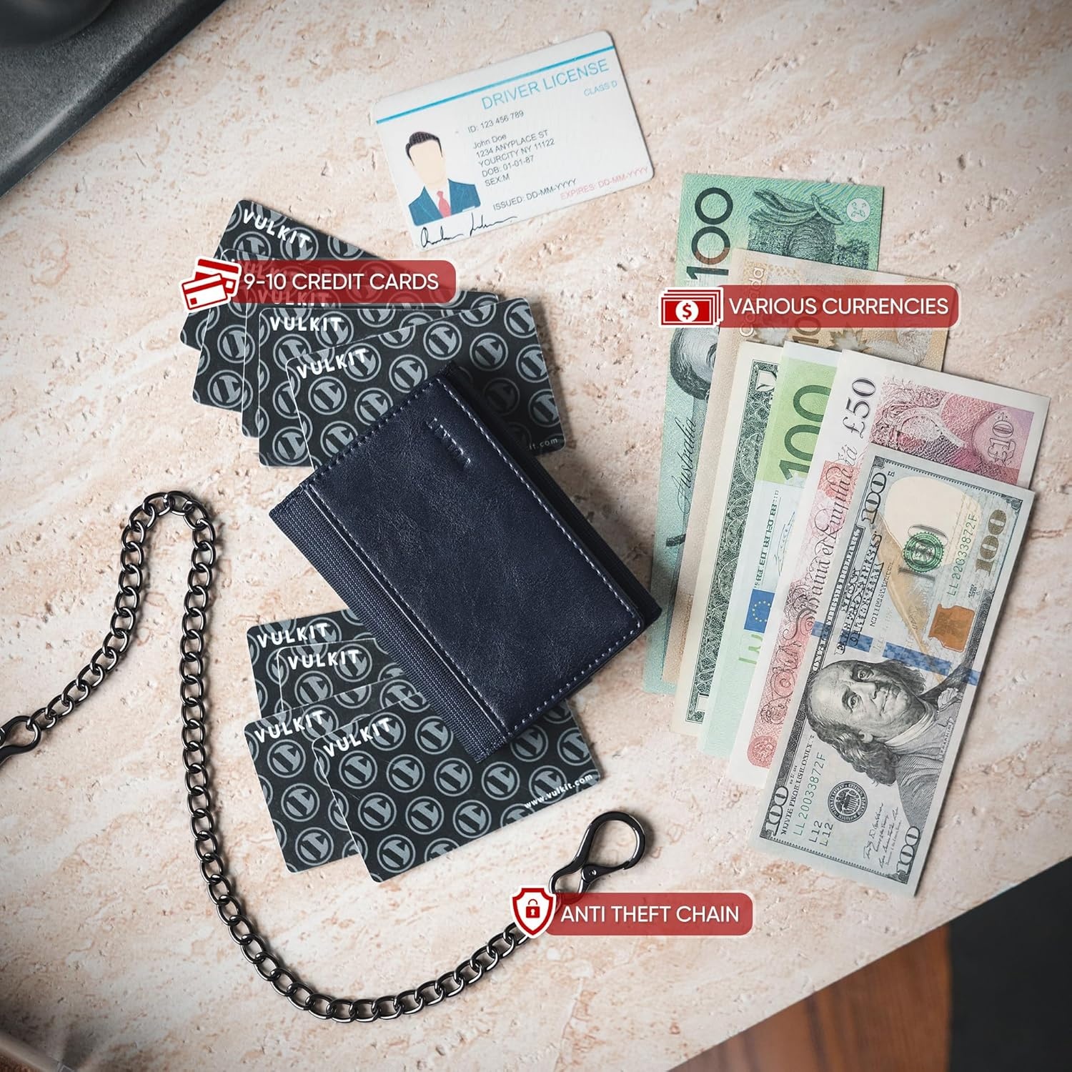 image:imageVULKIT Wallet for Men with Chain Anti Theft Wallet RFID Blocking Trifold Wallet Sleek DesignNavy Blue