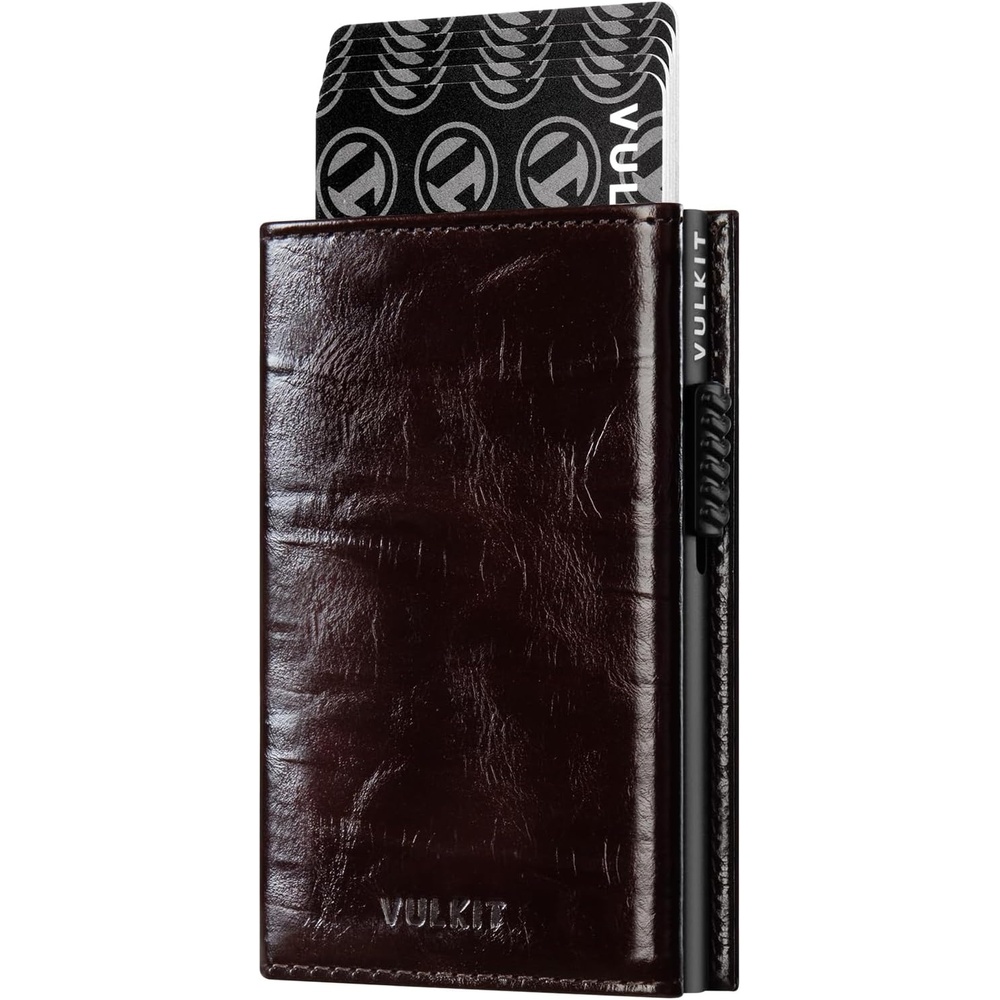 image:imageVULKIT Card Holder Wallet with Coin Pocket Magnetic Closure Pop Up Cards With ID Window Leather Wallet for Cash amp Credit Cards with Coin PocketClassic OilWaxed Style Reddish Brown