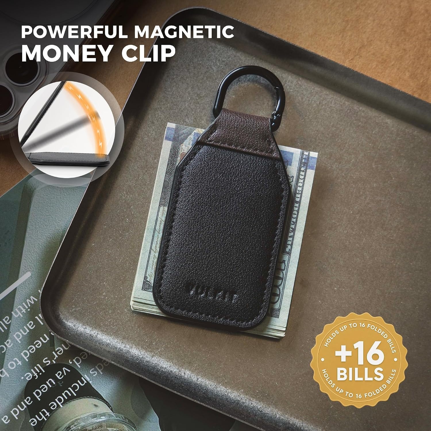 image:imageVULKIT Magnetic Money Clip With Key Ring Leather Cash Clip Holds Up to 16 BillsBlack